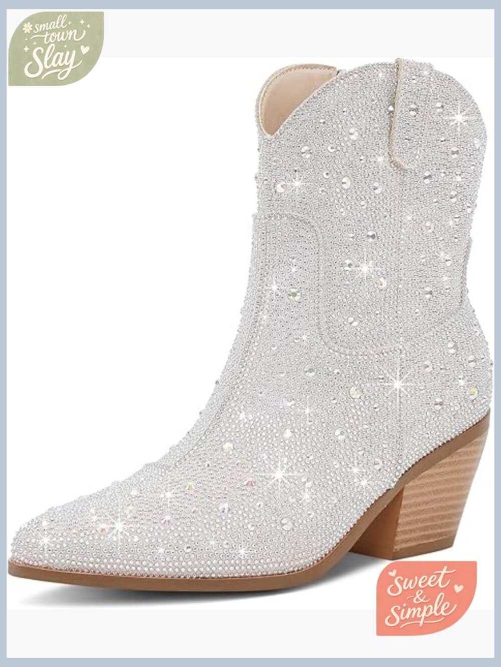 Cowgirl Ankle Boots Western Booties Rhinestone Chunky Heel Fashion Side Zipper